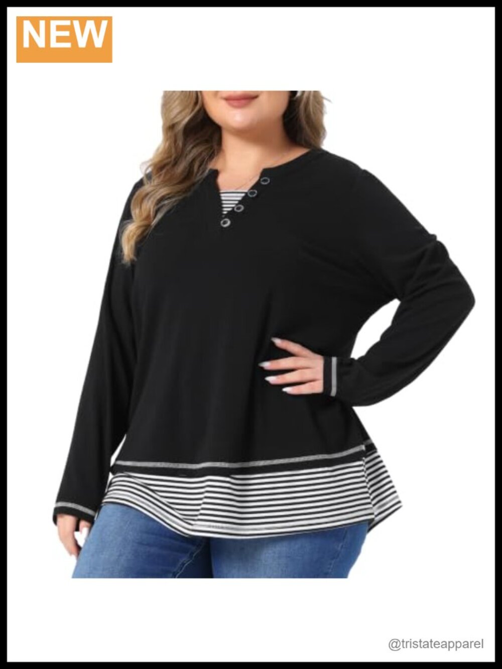 Plus Size V-Neck Long Sleeve Blouse with Striped Hem